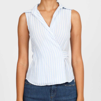 Chemise sans manches rayée bleu ciel & blanc – portefeuille croisé
