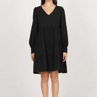 Robe courte noire fluide manches longues – Col V, coupe trapèze